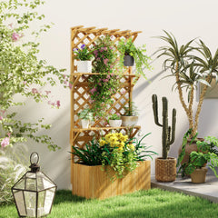 Raised Garden Bed, Wooden Planter with Trellis, Hanging Roof, Plant Shelf, Drainage Holes and Bed Liner, Natural