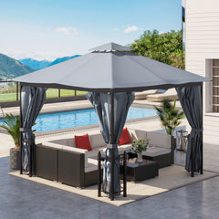 13' x 11' Patio Gazebo Canopy Garden Tent Sun Shade, Outdoor Shelter with 2 Tier Roof, Netting and Curtains, Steel Frame for Patio, Backyard, Garden, Grey