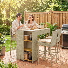 5 Piece Wicker Outdoor Bar Set, Acacia Wood Outdoor High Top Table and Chairs with 3 Tier Shelves, Cushions, Brown