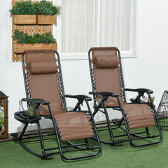2 Outdoor Rocking Chairs Foldable Reclining Zero Gravity Lounge Rockers w/ Pillow Cup & Phone Holder, Brown