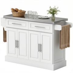Rolling Kitchen Island Cart with 47" Stainless Steel Top, Portable Island Table for Kitchen with Wheels, Adjustable Shelves, 2 Drawers, Spice, Knife and Towel Rack, White