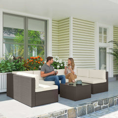 7 Piece Patio Furniture Set, All Weather PE Rattan Outdoor Furniture Conversation Sets with Glass Top Coffee Table