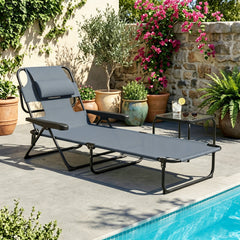 Folding Lounge Chair w/ Reclining Back, Gray