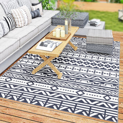Reversible Outdoor Rug, Waterproof Plastic Straw with Carry Bag, 6' x 9', Blue & White Geometric