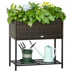 Raised Garden Bed, Elevated Planter Box with Rattan Wicker Look, Tool Storage Shelf, Portable Design for Herbs, Vegetables, Flowers, Brown