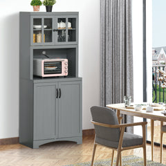 Storage Cabinet with Adjustable Shelves and Microwave Space, 70" Pantry Cabinet with Glass Framed Door, Gray