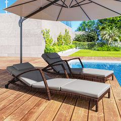 Set of 2 Wicker Chaise Lounge Chair Outdoor Patio Lounger with 5 Adjustable Back, Wheels, Cushion, and Armrests, Gray