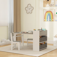 Kids Desk and Chair Set with Paper Roll, Kids Activity Craft Table with Storage Shelves and Drawers, Gray