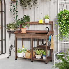 Potting Bench Table, Outdoor Garden Table Wooden Work Station with Removable Sink, Faucet, Drawer, Shelves, Hooks, Dark Brown