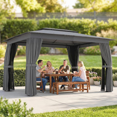 10' x 12' Outdoor Patio Gazebo, Soft Top Gazebo Canopy Shelter with Curtains, Netting, Steel Frame, Hooks, Dark Gray