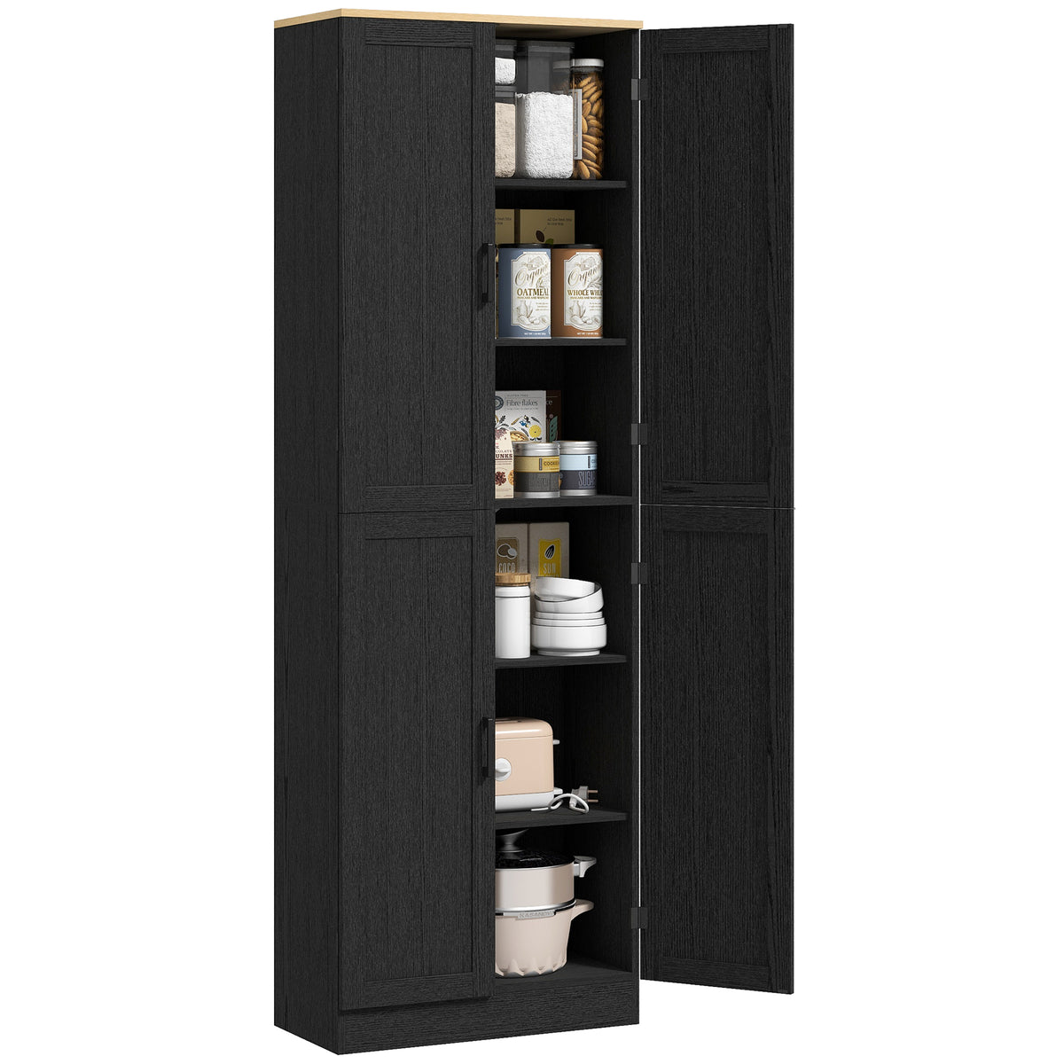 Freestanding Kitchen Pantry, 4-Door Kitchen Pantry Cabinet with Adjustable Shelves and Doors, Distressed Black