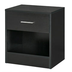 Modern Side Table with Drawer and Storage Shelf, End Table for Living Room, Black Wood Grain
