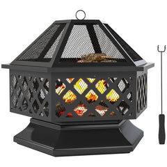 28" Outdoor Fire Pit with Grill Hexagon Fireplace Wood Burning Firepit with Cooking Grate, Fire Poker, Spark Screen Lid