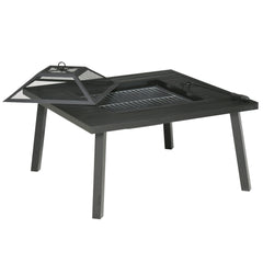 34" Fire Pit with Grill, Metal Outdoor Wood Burning Firepit with Spark Screen, Fire Poker, Cover, Table Lip, Black