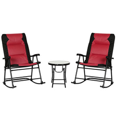3 Piece Outdoor Patio Furniture Set with Glass Coffee Table & 2 Folding Padded Rocking Chairs, Bistro Style for Porch, Camping, Balcony, Red