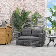 2 Piece Patio Wicker Corner Sofa Set, Outdoor PE Rattan Furniture, with Curved Armrests and Padded Cushions for Balcony, Garden, or Lawn, Gray