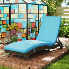 Patio Wicker Chaise Lounge Chair, Outdoor PE Rattan Sun lounger with Adjustable Backrest and 2 Wheels, Sky Blue