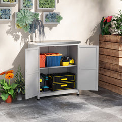 Wooden Storage Cabinet, Outdoor Prep Table with Metal Tabletop, Shelves and Double Doors for Patio, Garden, Gray