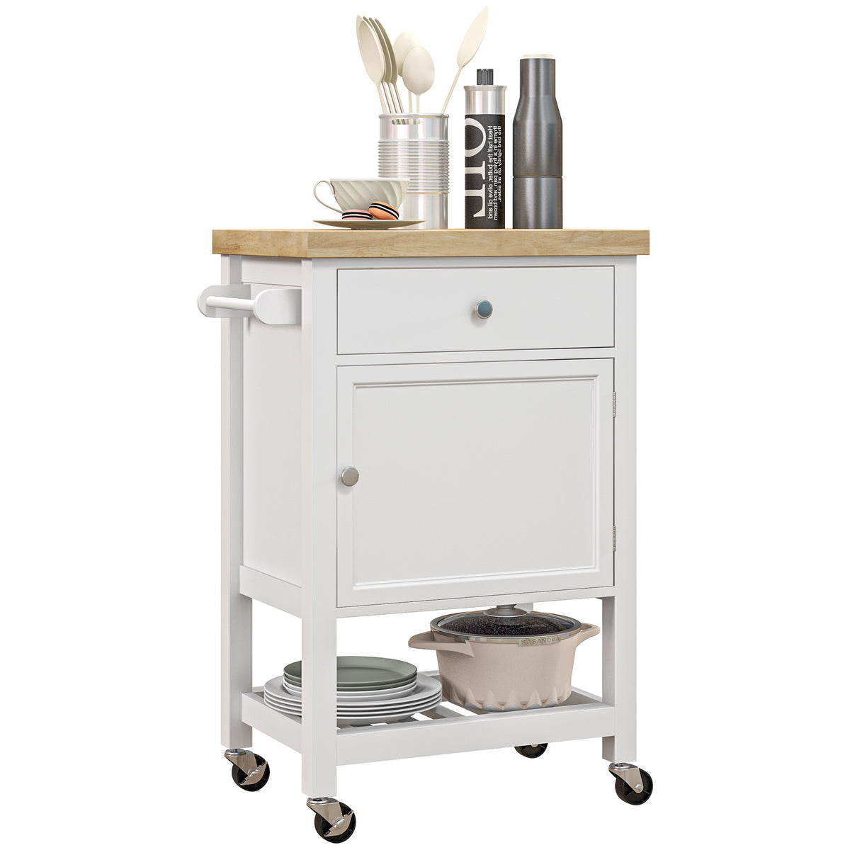 Kitchen Island on Wheels, Rolling Kitchen Cart with Rubberwood Top, Drawer, Wine Rack and Cabinet, White