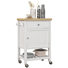 Kitchen Island on Wheels, Rolling Kitchen Cart with Rubberwood Top, Drawer, Wine Rack and Cabinet, White