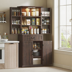 71" LED Kitchen Pantry Cabinet, Farmhouse Storage Cabinet with Door Shelves, Distressed Brown