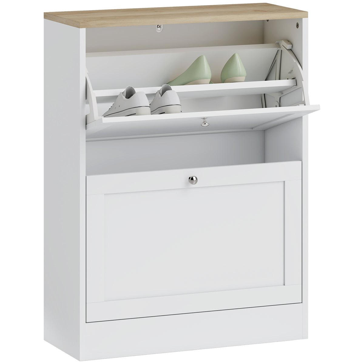 Slim Shoe Storage Cabinet, Modern Shoe Cabinet with 2 Flip Drawers and Adjustable Shelves for 8-12 Pairs, White