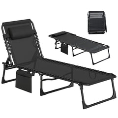 Chaise Lounge Chair Outdoor, 5-Position Adjustable Sun Tanning Chair with Carrying Handle and Side Pocket, Folding Bed Cot with Removable Pillow for Garden, Beach, Patio, Pool, Camp, Black