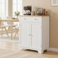 Kitchen Storage Cabinet, Sideboard Floor Cupboard with Solid Wood Top, Adjustable Shelf, and 2 Drawers, White