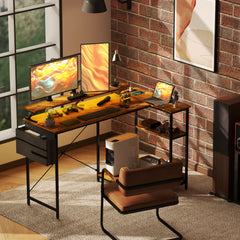 58" Reversible L Shaped Computer Desk, Corner Desk with Monitor Stand, Power Outlets and LED Lights, Rustic Brown