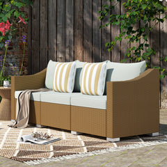 Rattan Wicker 3 Seater Patio Couch with Cushions, 2 Throw Pillows, Outdoor Furniture Rattan Sofa, Light Gray