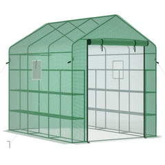 8' x 6' x 7' Walk-in Greenhouse, PE Cover, 4-Tier Shelves, Steel Frame Hot House, Roll-Up Zipper Door for Flowers, Vegetables, Saplings, Tropical Plants, Green