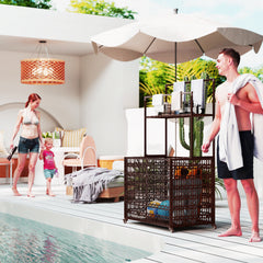 Wicker Pool Float Storage Organizer, PE Rattan Pool Float Holder with Basket Shelf Towel Bars, Rolling Pool Caddy for Floaties, Noodles, Life Vests, Beach Balls, Mixed-Brown