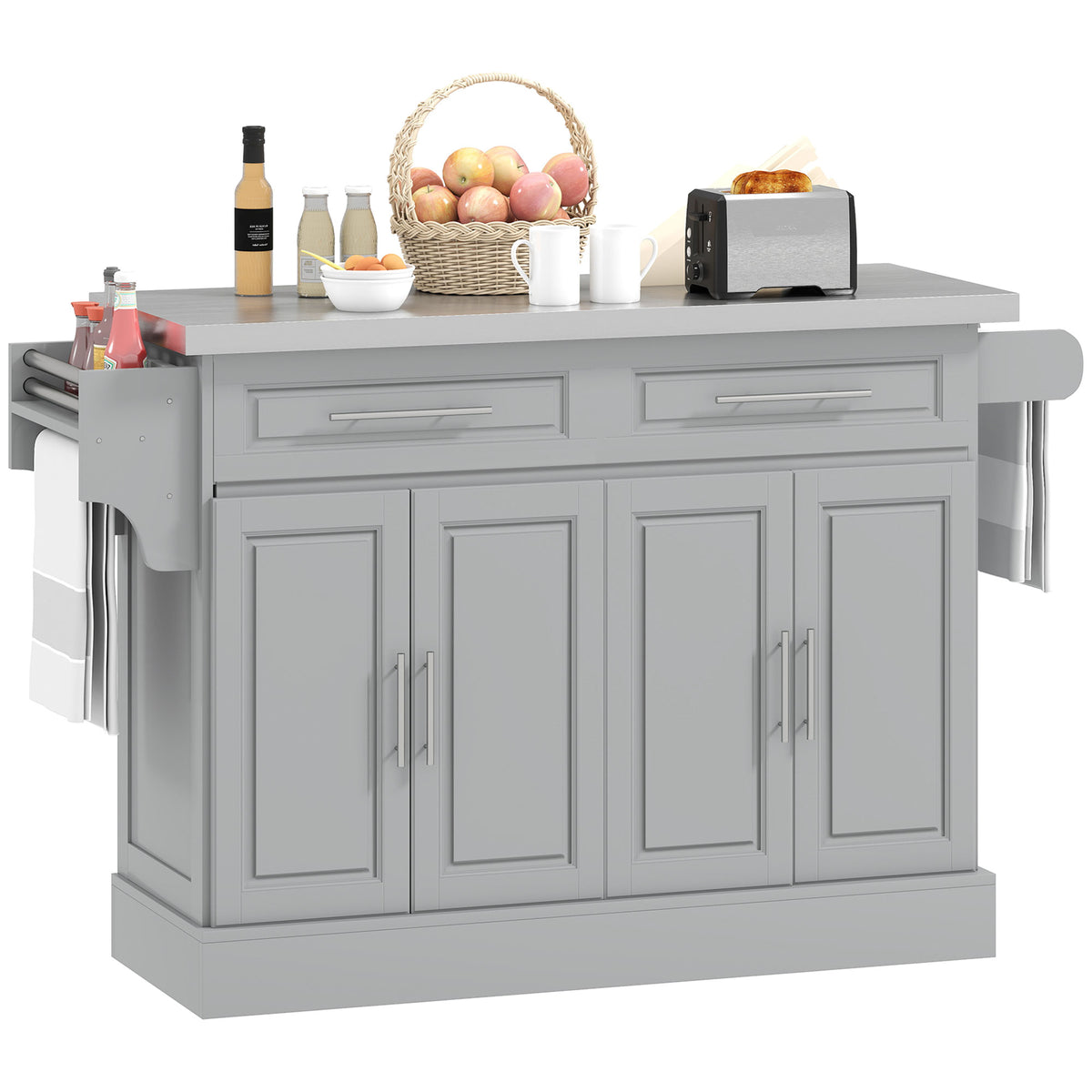 Rolling Kitchen Island Cart with 47" Stainless Steel Top, Portable Island Table for Kitchen with Wheels, Adjustable Shelves, 2 Drawers, Spice, Knife and Towel Rack, Gray