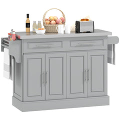 Rolling Kitchen Island Cart with 47" Stainless Steel Top, Portable Island Table for Kitchen with Wheels, Adjustable Shelves, 2 Drawers, Spice, Knife and Towel Rack, Gray
