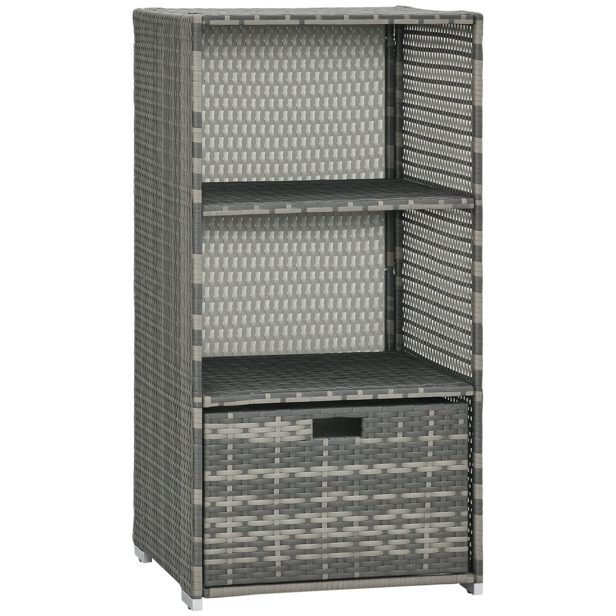Valet Pool Towel Rack, Waterproof PE Plastic Rattan Wicker Storage Organizer, Indoor Outdoor Spa, and Hot Tub Accessory Storage, 2 Shelves, 1 Basket Drawer, Gray