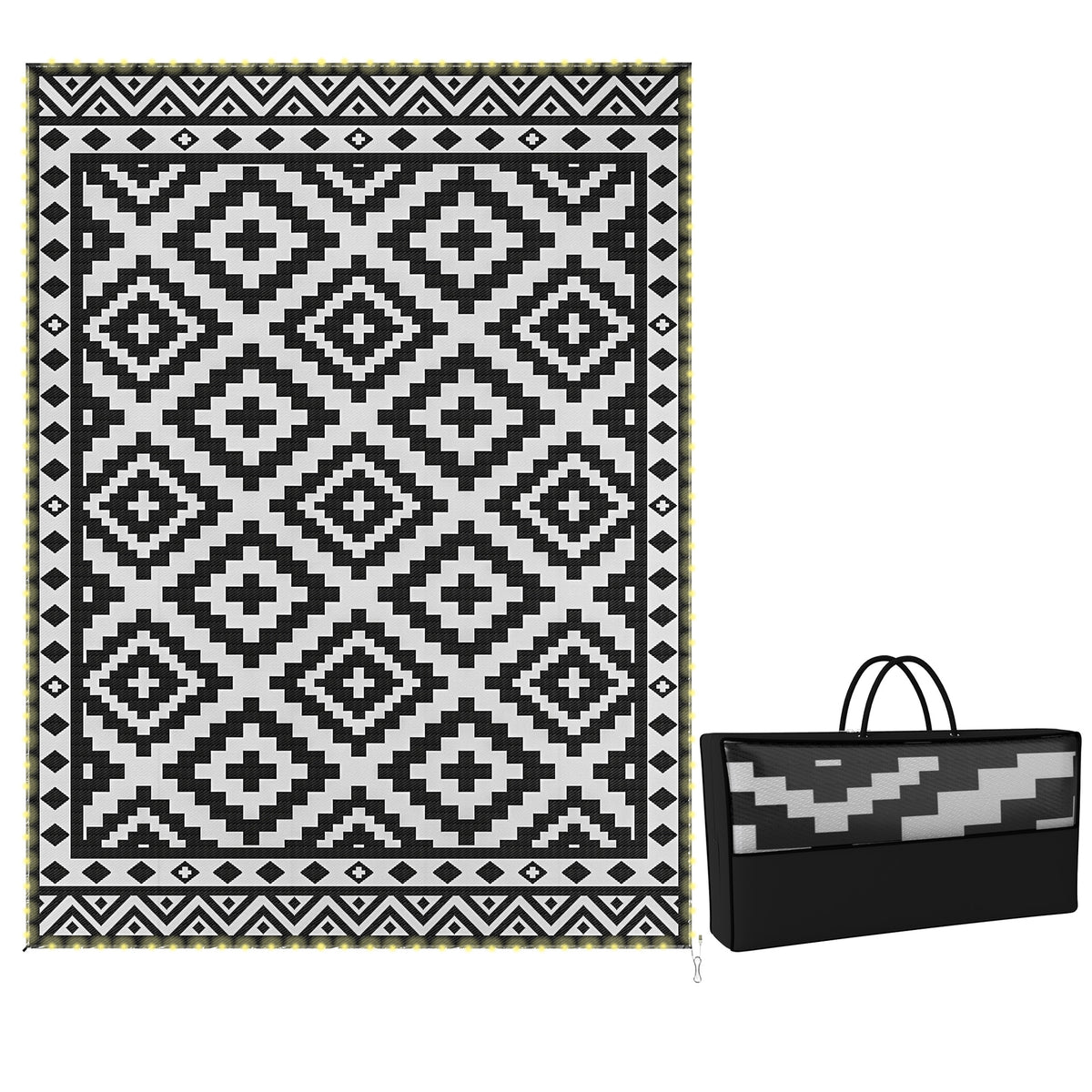 Outdoor Rug Carpet Reversible Plastic Straw Rug with LED Lights Black and White 12' x 9' for Patio