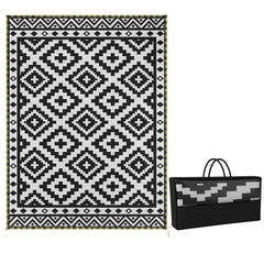 Outdoor Rug Carpet Reversible Plastic Straw Rug with LED Lights Black and White 12' x 9' for Patio
