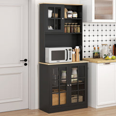 Kitchen Pantry Storage Cabinet, 72" Freestanding Cabinet with Hutch, Large Countertop, Glass Doors and Adjustable Shelves for Dining Room, Black