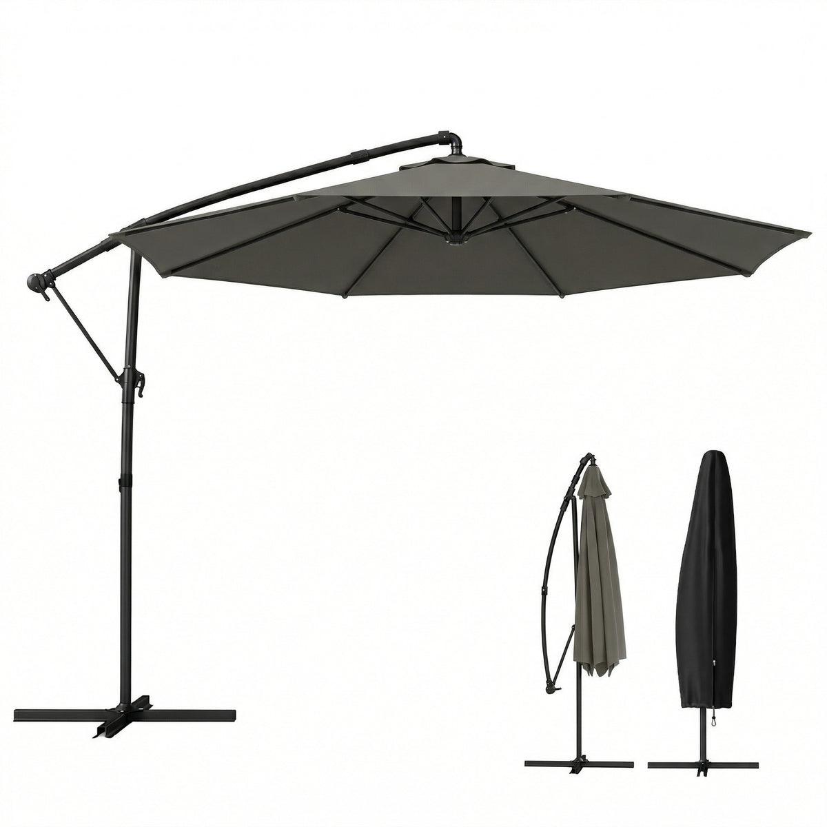 10 ft Offset Patio Umbrella with Cover, Hanging Cantilever Umbrella with 360° Rotation, Crank Handle, Tilt, Gray