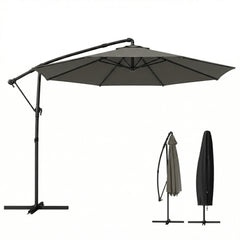 10 ft Offset Patio Umbrella with Cover, Hanging Cantilever Umbrella with 360° Rotation, Crank Handle, Tilt, Gray