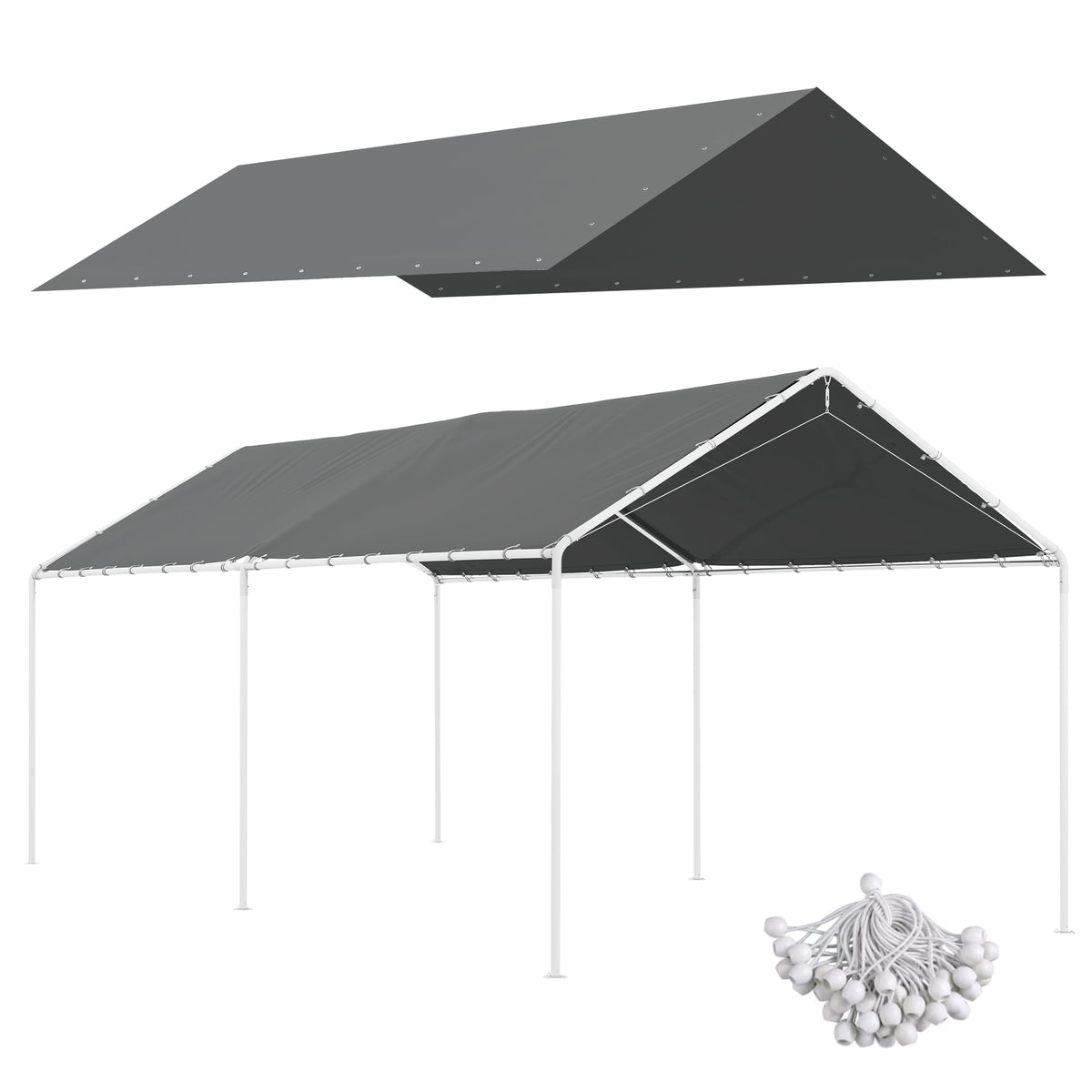 10 x 20ft Carport Roof, UV Resistant Canopy Replacement Cover with Ball Bungee Cords, Dark Gray