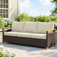 3 Seater Outdoor Couch Sofa, PE Wicker Patio Sofa, Wide Deep Seat, 4" Cushions, Wood-Effect Armrests Legs, Beige