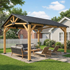 13' x 11' Hardtop Gazebo Canopy with Galvanised Metal Roof, Fir Wood Frame and Central Hook for Patio, Black Gray