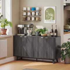 Fluted Sideboard Buffet Cabinet, 55" Coffee Bar Cabinet with 4 Doors, 2 Adjustable Shelves, 5 Wood Legs, Dark Gray