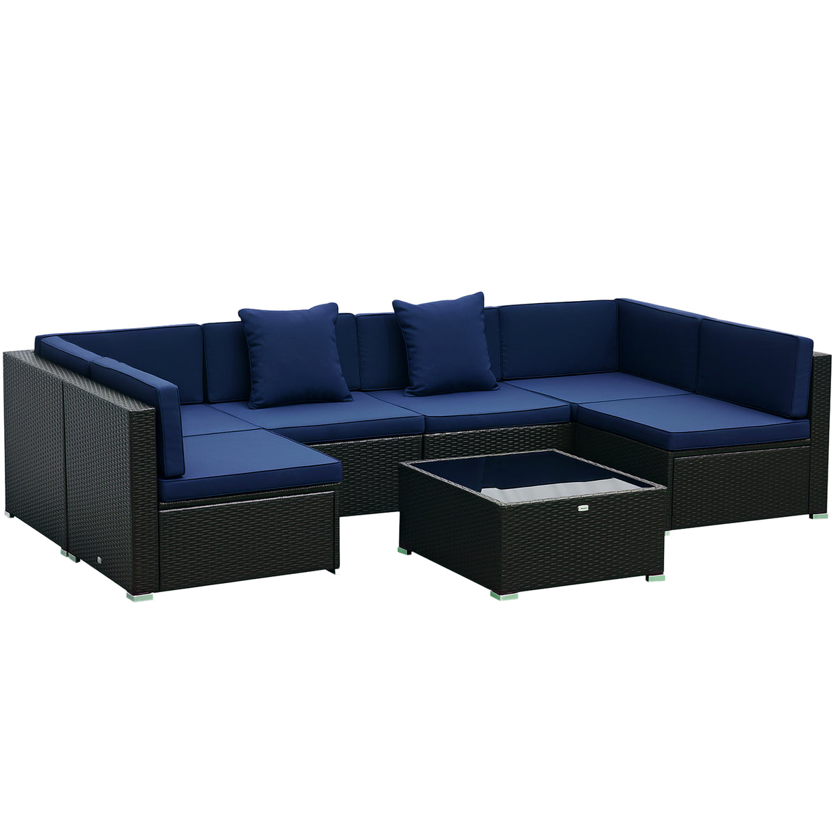 7 Piece Patio Furniture Set, Wicker Outdoor Sectional Sofa Set, All Weather PE Rattan Outdoor Furniture Conversation Sets with Cushions, Glass Top Coffee Table, Pillows, Dark Blue