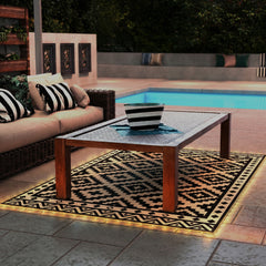 Outdoor Rug Carpet Reversible Plastic Straw Rug with LED Lights Black and White 12' x 9' for Patio