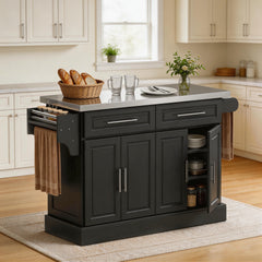 Rolling Kitchen Island Cart with 47" Stainless Steel Top, Portable Island Table for Kitchen with Wheels, Adjustable Shelves, 2 Drawers, Spice, Knife and Towel Rack, Black