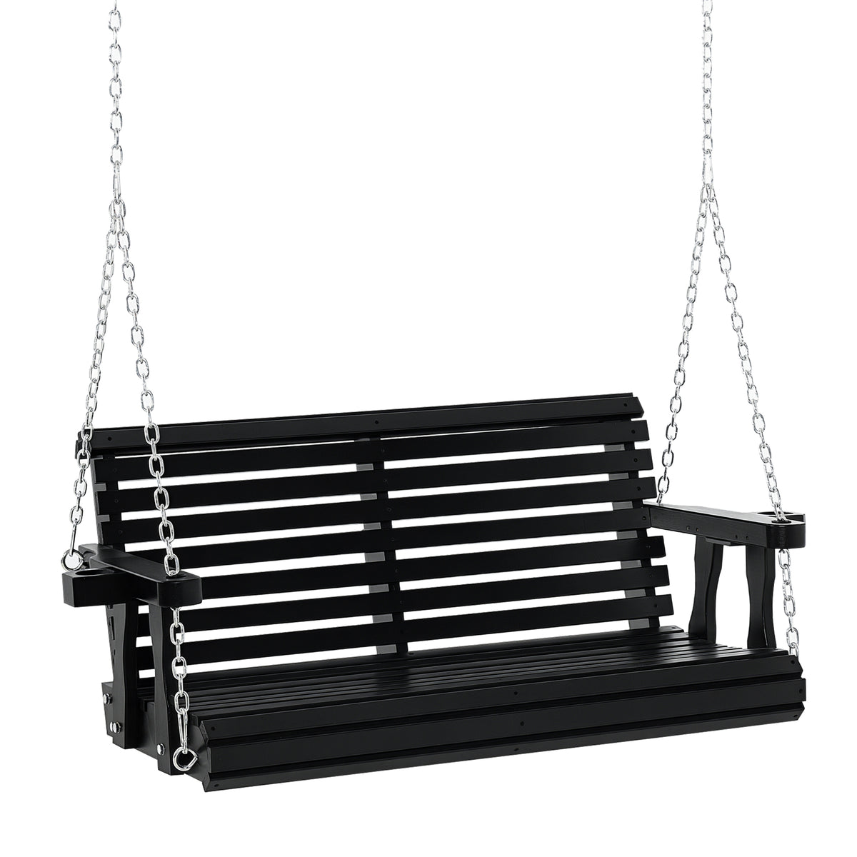 Porch Swing with Chains and Cupholders, 2 Person Wooden Patio Swing Chair, 440 lbs. Weight Capacity, for Garden, Poolside, Backyard, Black