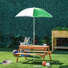 Kids 3 in 1 Sand and Water Table, Wooden Outdoor Convertible Picnic Table with Umbrella and Storage Inside, Bench Backyard Furniture for Garden, Patio, or Balcony