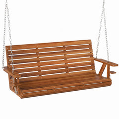 3-Seater Swing Bench, Wooden Porch Swing with Cupholders, Hanging Chains for Patio Garden, Carbonized